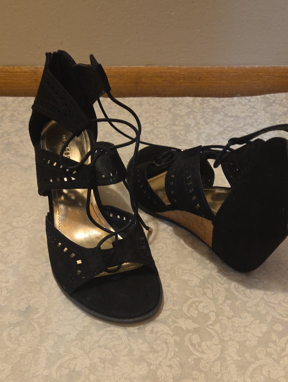 Madden Girl Black Suede Lace-Up Wedge Sandals